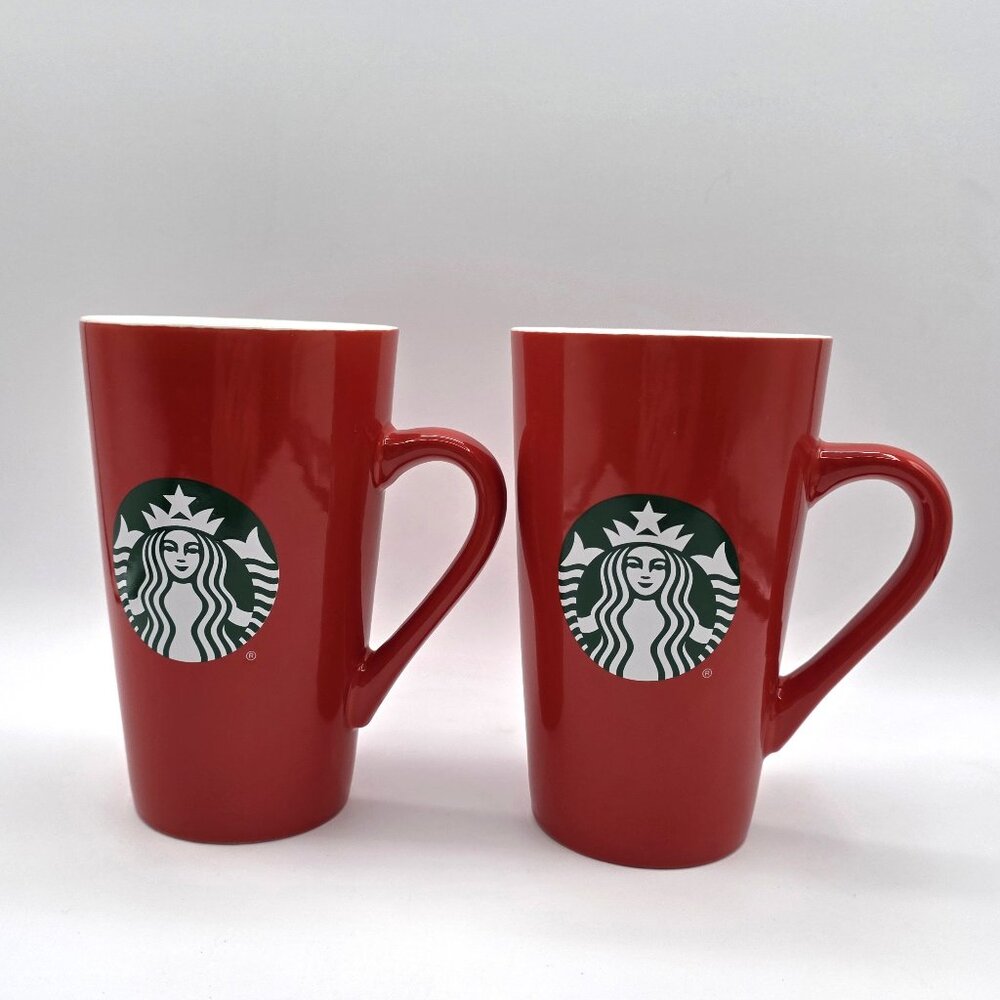 Starbucks 2 Tall Red Mugs Cups Green Mermaid Siren Logo 16 Fl Oz Ea. Coffee Tea